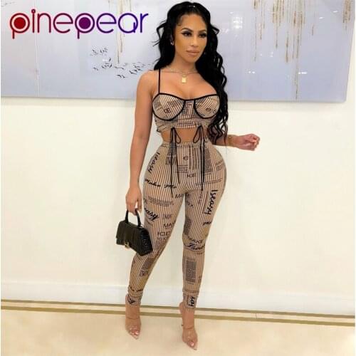 PinePear New Chic Letter Print Shirring Skinny Sexy Two Piece Sets Women Strap Camis and Pants Streetwear Clubwear Co-ord Set