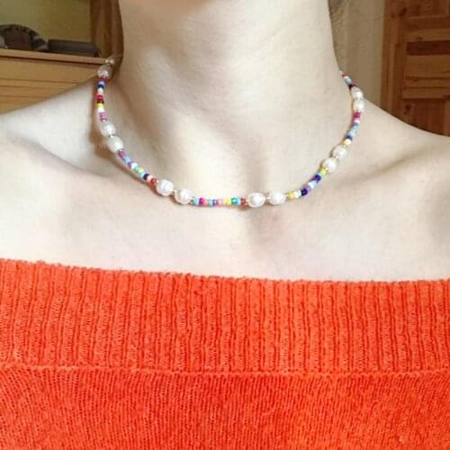 Fashion new design rainbow necklace natural freshwater pearls colored beads mix and match jewelry trendy wild for women charm