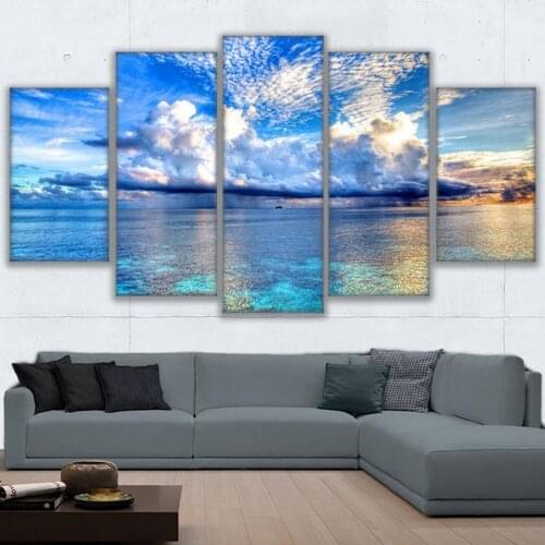 Printed Modular Picture Large Canvas 5 Panel Sea Landscape Painting For Bedroom Living Room Home Clouds Wall Art Decor