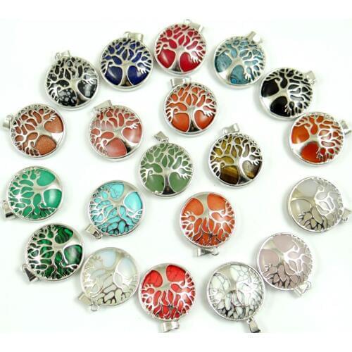 Natural Stone Quartz Opal lapis Pendant Handmade Silver Color Tree of Life Round Shaped etc Reiki Jewelry necklace Making 10pcs