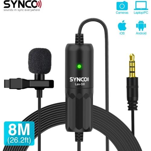 SYNCO LAV-S8 Lapel Microphone 8m/26.2ft Wired Audio Cable Lavalier Clip on Mic for Phones Tablet Cameras Audio Recorder