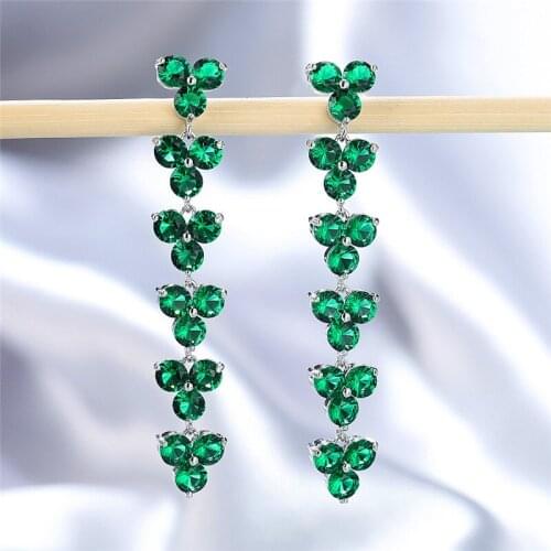 Luxury Rainbow Flower Dangle Earrings Cute Female Green Crystal Drop Earrings Rose Gold Silver Color Wedding Earrings For Women