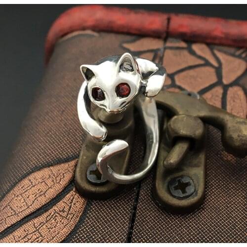 S925 Sterling Silver Jewelry Handicraft Retro Thai Silver Tail Ring Female Red Eye Wolf Ring Open Ended Ring