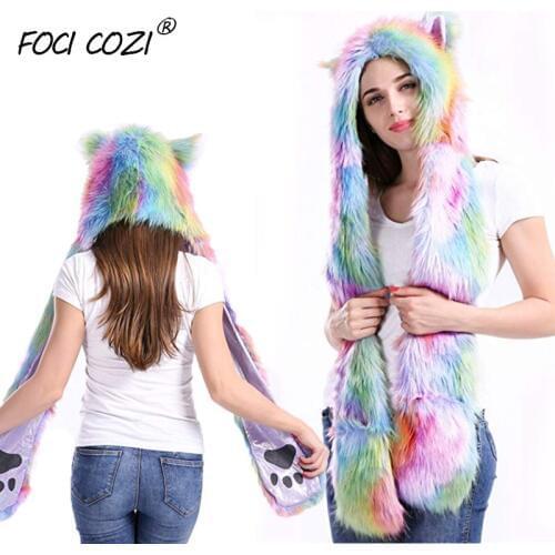 Rainbow Fur Hat Rave Spirit Animal Furry Hoddie Hat Faux Fur 3 In 1 Function Christmas Gift For Girls/Girlfriend White Hat women