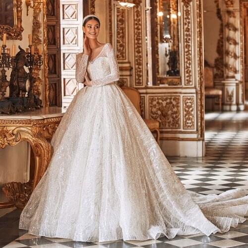 Gorgeous Lace Shiny Wedding Dress 2021 Luxury Ball Gown Elegant Beading Appliques Bridal Bride Gowns Muslim Vestido De Noiva