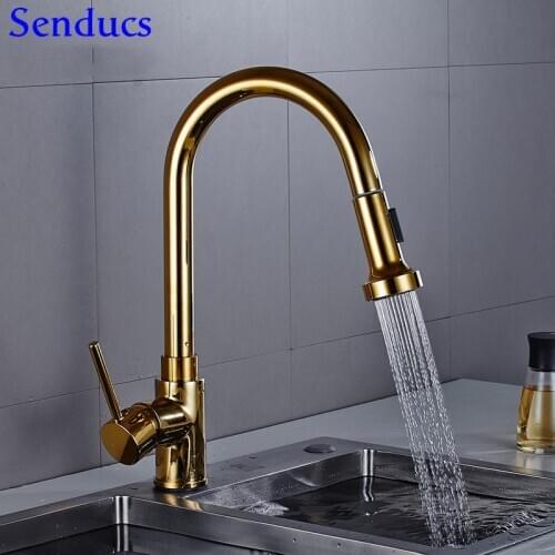 Senducs Gold Pull Out Kitchen Faucet Deck Mounted Pull Down Kitchen Mixer Tap Home Health Water Tap Solid Brass Kitchen Faucet