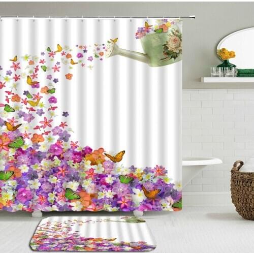 Butterfly Flowers Bath Curtains Mat Set Shower Curtain Bathroom Waterproof Cloth +Non-slip Mat Rug Toilet Floor Bathroom