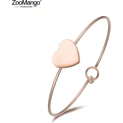 ZooMango Romantic Stainless Steel Heart Shape Cuff Bracelets Bangles Luxury Engagement Wedding Bangle Jewelry For Women ZB18034