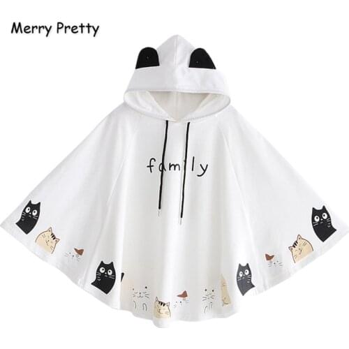 Merry Pretty Women Cloak Outerwear Cartoon Cat Print With Ears On Hood Hoodies Coat Pullover Poncho Jacket Cloak Hooded Coat