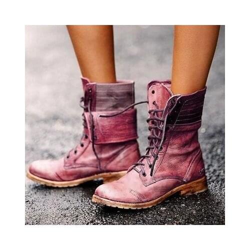 New Lace-up Winter Motorcycle Boots Women British Style Vogue Boots Gothic Punk Low Heel Bule Boot Women Shoe Plus Size uio8