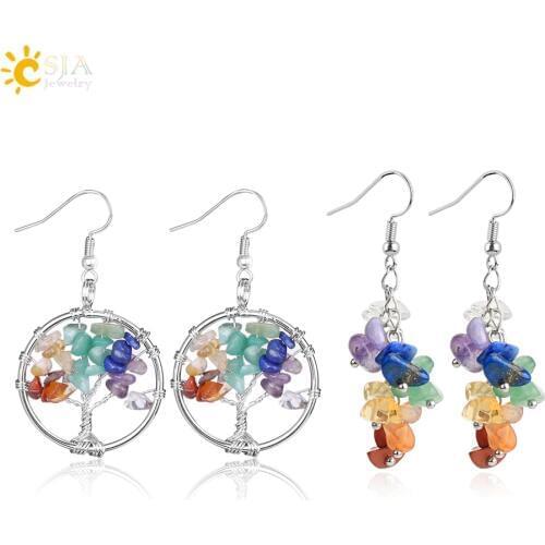 CSJA 7 Chakra Dangle Earrings Natural Stone Chip Beads Tree of Life Drop Earrings for Women Friend Gift Jewelry 2 Pairs/Set G465