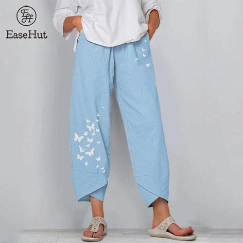 EaseHut Butterfly Print Wide Legs Pants Women Elastic Wasit Irregular Casual Plus Size Trousers 2020 Summer Pants Pantalones