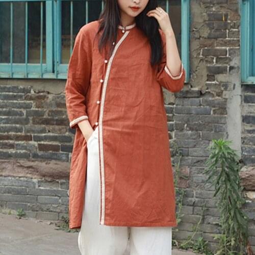 Johnature Women Vintage Shirts Cotton Linen Stand Three Quarter Sleeve Button Blouses 2021 Spring New Solid Color Casual Shirts