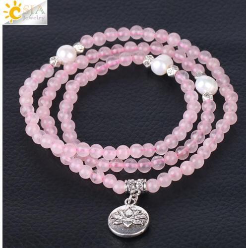CSJA 2018 New Women Bracelet 4mm Natural Stone Crystal 108 Mala Beads Multilayer Bangle Flower Pearl Fittings Girl Jewelry F357