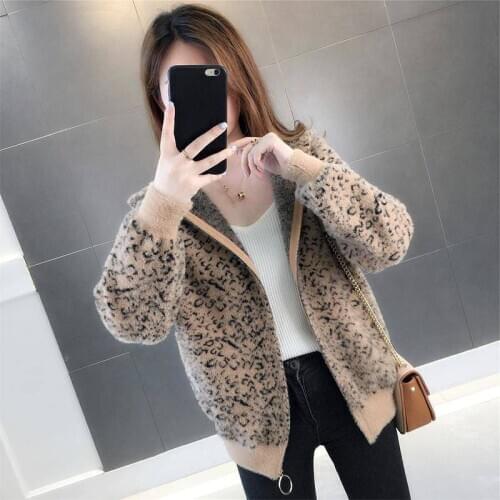 2019 autumn and winter New Leopard short coat womens loose hooded imitation mink velvet winter sweater thickened cardigan