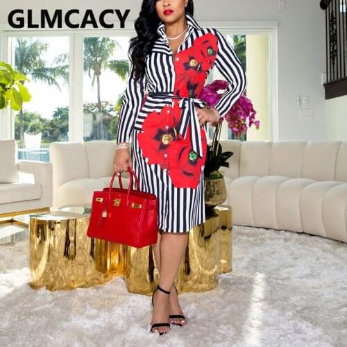 Women Long Sleeve Floral Striped Printed Shirt Dress Slim Button Up Midi Dress