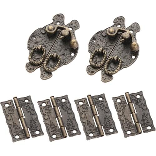 2Pcs Antique Bronze Padlock Lock Jewelry Wood Box Toggle Hasp Latch Clasp + 4Pcs Furniture Cabinet Hinges Vintage Hardware