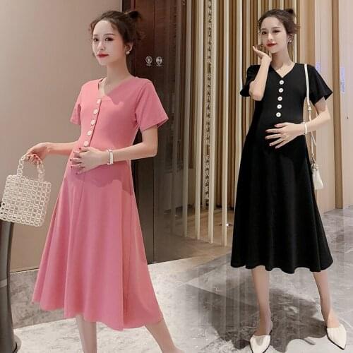 5853# Maternity Clothes Nursing Dress Summer V Neck Solid Color Slimming Breastfeeding Dress