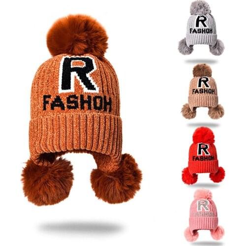 Baby knitted hats winter mens and womens childrens curled woolen caps warm ear protection outdoor hats autumn hair ball kids