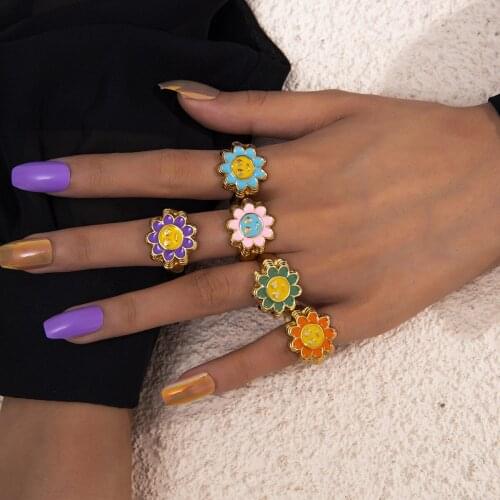 European and American hot-selling jewelry with trend color drip sun flower ring retro geometric smile opening adjustable ring