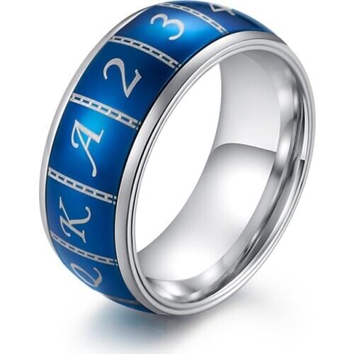 Playing Cards Digital Pattern Transfer Rings For Men 9mm Blue Color Stainless Steel Good Luck Ring