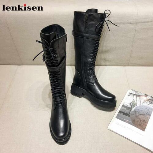 Lenkisen brand knight boots genuine leather med heels round toe buckle straps lace up winter women warm thigh high boots L35