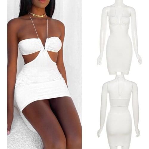 Summer Solid Color Halter Neck Lace U Wrap Dress for Women Low-Cut Cutout Tight-Fitting Design Party Club