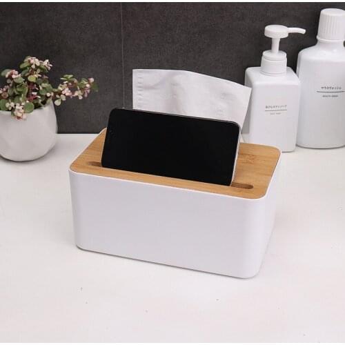Fashion Wooden + Plastic Tissue Box Wooden Cover Phone Holder Napkin Box Removable Home Office Storage Box Home Tools Decoration