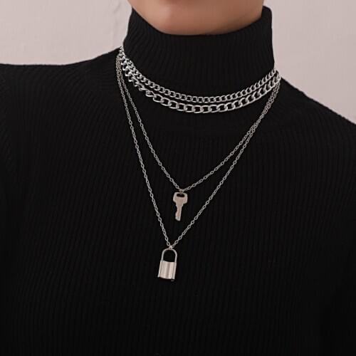 Punk Temperament Lock Key Pendant Necklaces Women Multilayer Aluminium Thick Chains Geometric Sweater Chain Necklace Jewelry