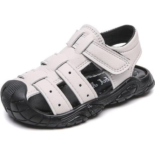 Comfy Kids Children Spring Summer Leather Rubber Sole Pure Color Beach Sandal Boy And Girl Hook Loop Causal Shoes