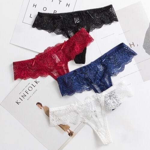 Sexy Lace Thongs Woman Transparent Panties Solid Color Floral G-string Underwear Underpants Female Panty 3 Pcs/set Dropshipping