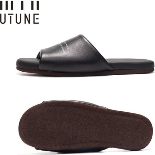 Youdiao Genuine leather Slippers Women Indoor Letters Mules Sheepskin Man Shoes Suede Mute Sole Home Female Non-slip Flat Slides