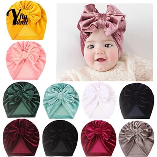 Yundfly Comfortable Warm Gold Velvet Baby Hat Solid Color Handmade Knotted Newborn Beanie Caps Fashion Bows Headwear Photo Props
