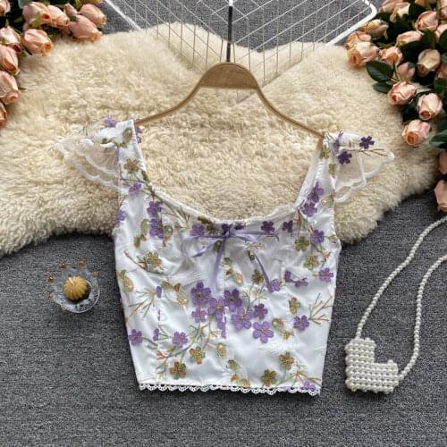 Crop top women embroidery spaghetti strap tank tops lace camis for women zipper sleeveless omighty elegant camisole
