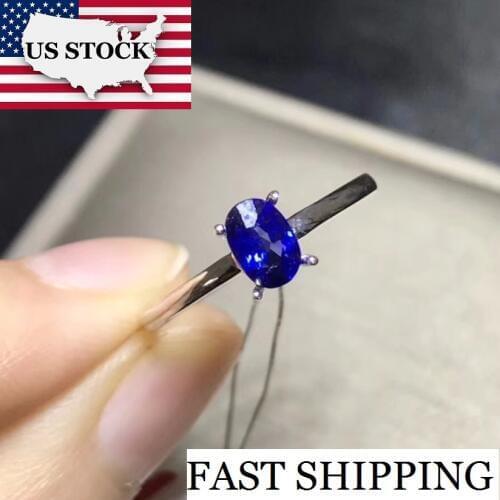 US STOCK Uloveido Natural Sapphire Solitaire Rings, Ring Silver 925 Women, Ladys Certified 4*6mm Gemstone Wedding Jewelry FJ224