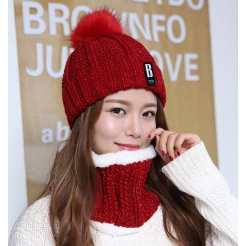 Women winter plush thick woolen hat, cycling cold-proof knitted hat + scarf set