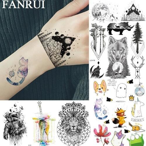 FANRUI Mountain Moon Wolf Pine Tree Adult Temporary Tattoos For Women Sticker Geometric Fake Tatoos Body Art Wrist Custom Tattoo