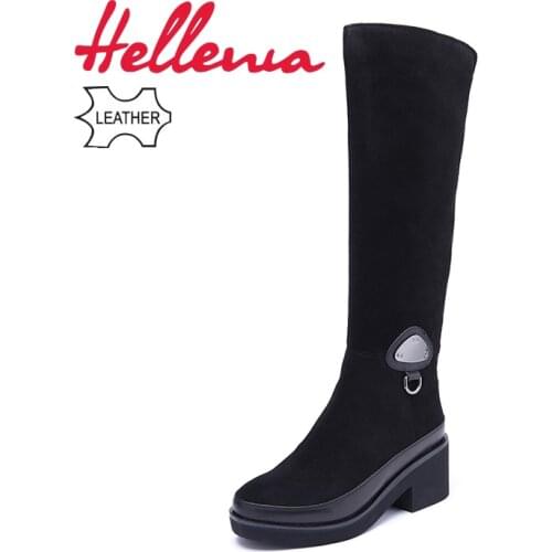 Hellenia New Cow Suede Boots Knee-high Black Boots Fur For Winter Women Warm Snow boot Genuine Leather Zip Shoes 2018 Manmade
