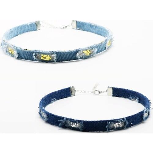 Sexy Jeans Chokers Necklace Punk Style Short Necklaces Glitter Blue Light Blue 1cmx32+7cm Fashion Jewelry For Girls Women Cool