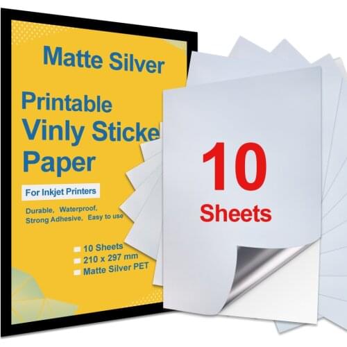10 Sheets Adhesive Labels A4 Printable Vinyl Sticker PET Paper Matte Silver A4 Paper Waterproof Copy Paper for Inkjet Printer