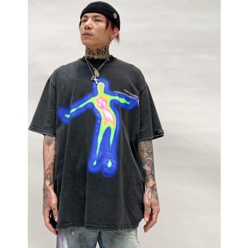 11 BYBBS DARK Distorted Portrait Print Cotton Tee Retro Washed T-Shirt Mens Streetwear Loose Short Sleeve Shirts Women Unisex