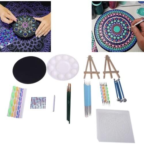 40pcs/set Mandala Dotting Pen Handwork Tools for Rock Painting with Stencils Tripod Easel Brush Paint Tray