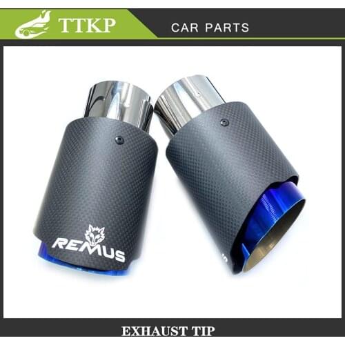 Car Universal Exhaust Pipe Straight Flange Matt Carbon Tail End Tip Blue Stainless Steel Muffler Pipe With Remus Logo