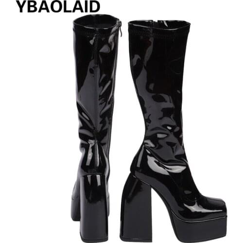 Square-toe Platform Patent Leather Thick High-heeled Fashion Boots for Fall/winter 2021 New Solid Color Side Zipper Boots