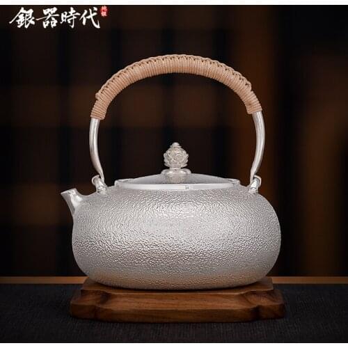 Ag999 Sterling Silver Teapot Hand-Carved Kitchen Utensils Handmade Coffee Tea Pot