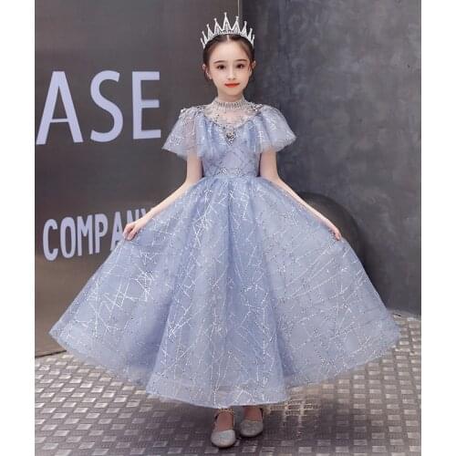 Blue Lace Embroidered Flower Girl Dresses For Wedding Pageant Gown Sequin lace Long Holy Communion Dresses For Formal