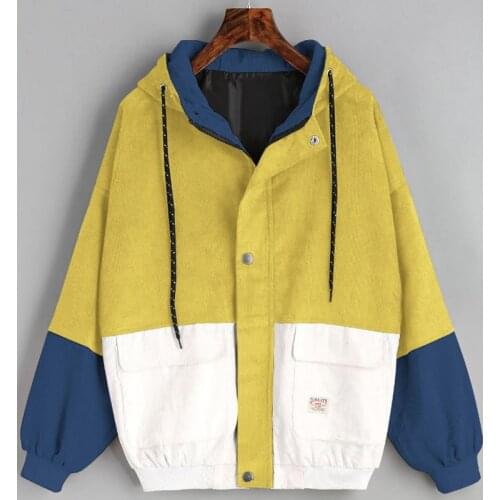 Women Mori Girl Autumn Patchwork Jackets 2020 Loose Ladies Hooded Coats Long Sleeve Pockets Spliced Drawstring Corduroy Outwear