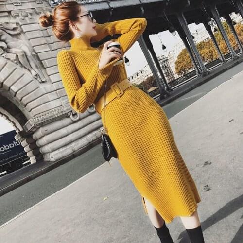 Elegant Women turtleneck Sweater Dress Autumn Winter thick Lady Slim Bodycon Knitted Dress Casual Sashes OL Long Dress Vestidos