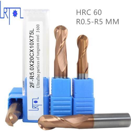 HRC60 R0.5 0.75 1 1.25 1.5 2 3 4 5*L50 60 75MM Tungsten Carbide Ball Nose End Mill 2 Flutes CNC Machine Milling Cutter