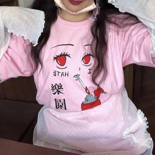 Hillbilly Ins Fashion Harajuku Style Japan Anime Printed Loose Tshirt Pink Cotton Short Sleeve Tops Round Neck Aesthetic Tees